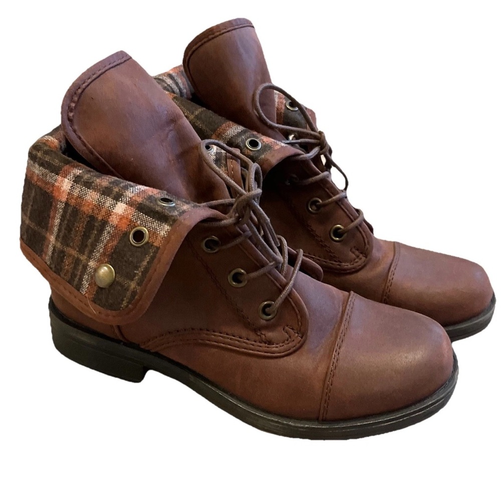 Brown Lace-Up Ankle Boots with Plaid Cuff Size 9 Arizona Jeans Boots Yolanda